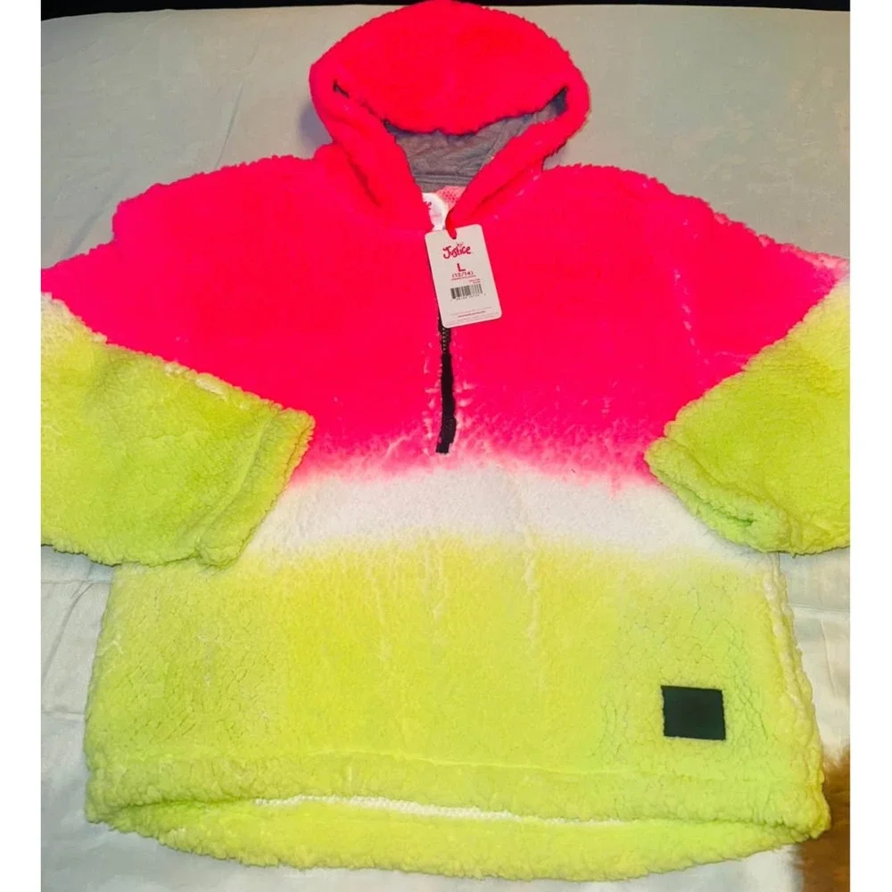 2 NWT Justice Girls Sherpa Pullover Hoodie Tie Dye Neon‎ Pink Yellow L 12 14